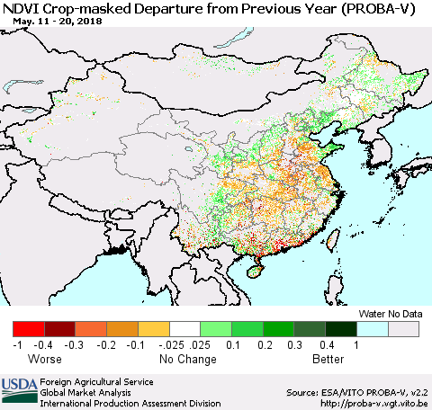 China, Mongolia and Taiwan NDVI Crop-masked Departure from Previous Year (PROBA-V) Thematic Map For 5/11/2018 - 5/20/2018