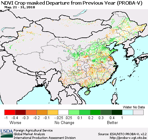 China, Mongolia and Taiwan NDVI Crop-masked Departure from Previous Year (PROBA-V) Thematic Map For 5/21/2018 - 5/31/2018