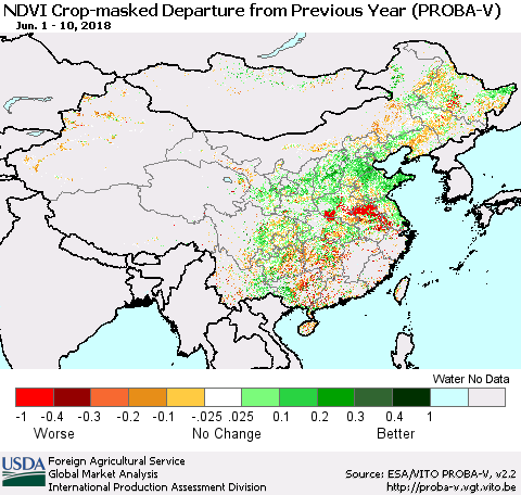 China, Mongolia and Taiwan NDVI Crop-masked Departure from Previous Year (PROBA-V) Thematic Map For 6/1/2018 - 6/10/2018