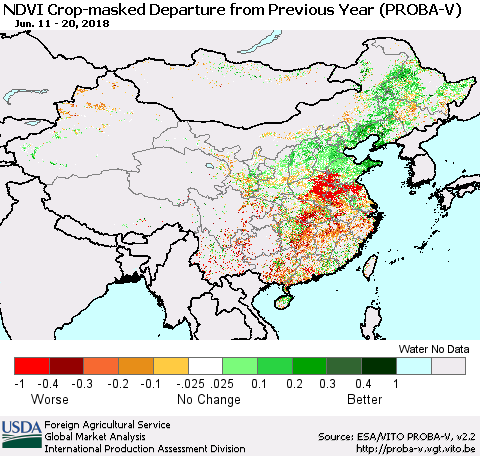 China, Mongolia and Taiwan NDVI Crop-masked Departure from Previous Year (PROBA-V) Thematic Map For 6/11/2018 - 6/20/2018