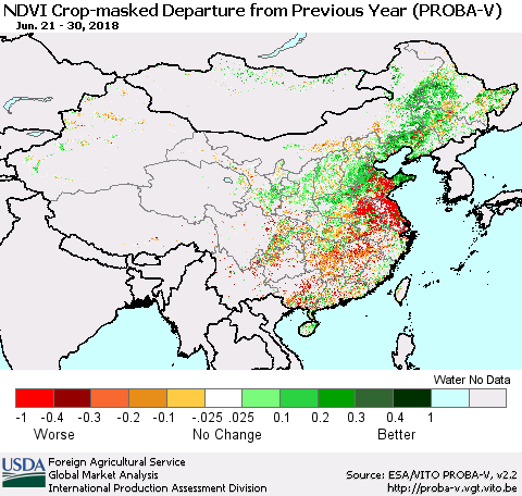 China, Mongolia and Taiwan NDVI Crop-masked Departure from Previous Year (PROBA-V) Thematic Map For 6/21/2018 - 6/30/2018