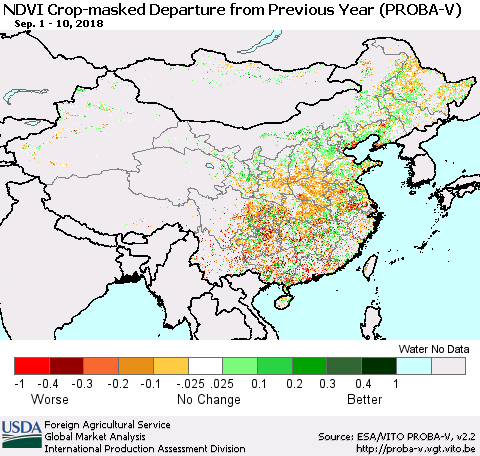 China, Mongolia and Taiwan NDVI Crop-masked Departure from Previous Year (PROBA-V) Thematic Map For 9/1/2018 - 9/10/2018