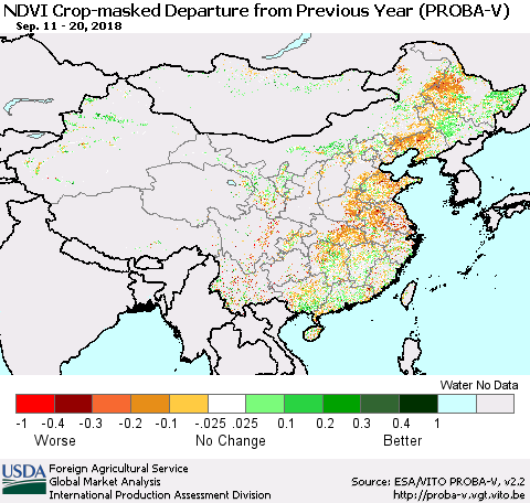 China, Mongolia and Taiwan NDVI Crop-masked Departure from Previous Year (PROBA-V) Thematic Map For 9/11/2018 - 9/20/2018