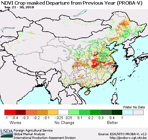 China, Mongolia and Taiwan NDVI Crop-masked Departure from Previous Year (PROBA-V) Thematic Map For 9/21/2018 - 9/30/2018