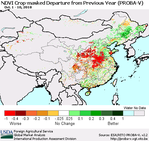 China, Mongolia and Taiwan NDVI Crop-masked Departure from Previous Year (PROBA-V) Thematic Map For 10/1/2018 - 10/10/2018