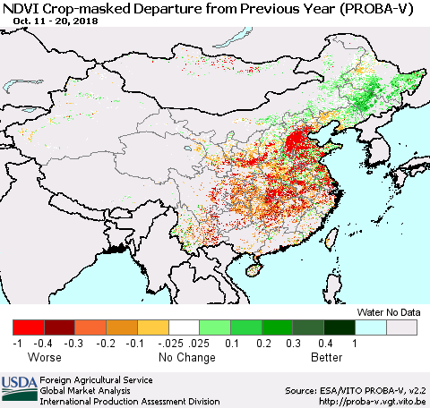 China, Mongolia and Taiwan NDVI Crop-masked Departure from Previous Year (PROBA-V) Thematic Map For 10/11/2018 - 10/20/2018
