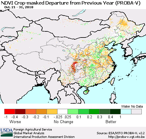 China, Mongolia and Taiwan NDVI Crop-masked Departure from Previous Year (PROBA-V) Thematic Map For 10/21/2018 - 10/31/2018
