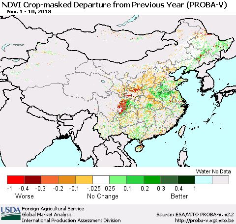 China, Mongolia and Taiwan NDVI Crop-masked Departure from Previous Year (PROBA-V) Thematic Map For 11/1/2018 - 11/10/2018