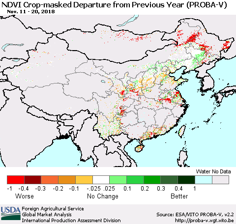China, Mongolia and Taiwan NDVI Crop-masked Departure from Previous Year (PROBA-V) Thematic Map For 11/11/2018 - 11/20/2018