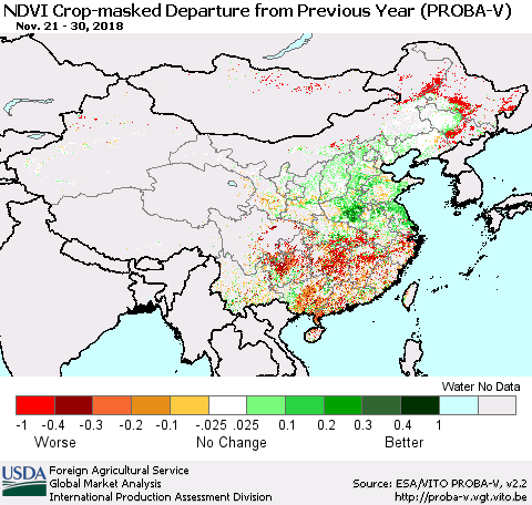 China, Mongolia and Taiwan NDVI Crop-masked Departure from Previous Year (PROBA-V) Thematic Map For 11/21/2018 - 11/30/2018