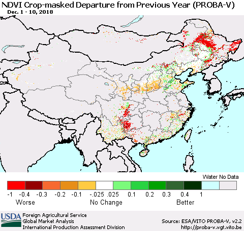 China, Mongolia and Taiwan NDVI Crop-masked Departure from Previous Year (PROBA-V) Thematic Map For 12/1/2018 - 12/10/2018