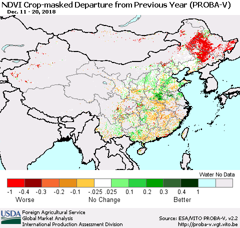 China, Mongolia and Taiwan NDVI Crop-masked Departure from Previous Year (PROBA-V) Thematic Map For 12/11/2018 - 12/20/2018