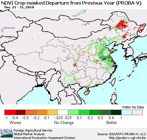 China, Mongolia and Taiwan NDVI Crop-masked Departure from Previous Year (PROBA-V) Thematic Map For 12/21/2018 - 12/31/2018