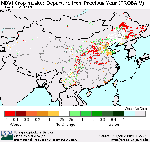 China, Mongolia and Taiwan NDVI Crop-masked Departure from Previous Year (PROBA-V) Thematic Map For 1/1/2019 - 1/10/2019