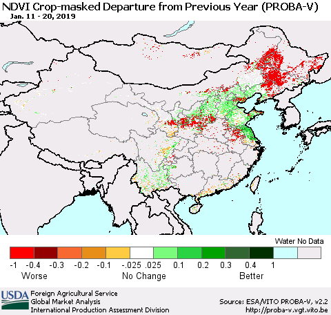 China, Mongolia and Taiwan NDVI Crop-masked Departure from Previous Year (PROBA-V) Thematic Map For 1/11/2019 - 1/20/2019