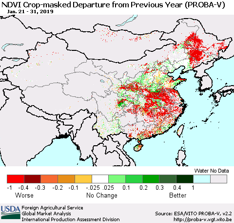 China, Mongolia and Taiwan NDVI Crop-masked Departure from Previous Year (PROBA-V) Thematic Map For 1/21/2019 - 1/31/2019