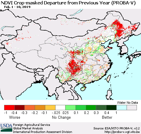 China, Mongolia and Taiwan NDVI Crop-masked Departure from Previous Year (PROBA-V) Thematic Map For 2/1/2019 - 2/10/2019