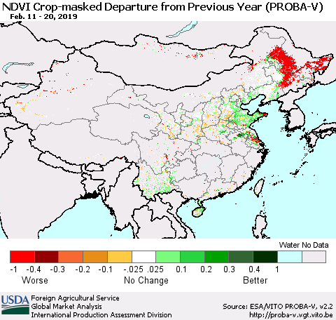 China, Mongolia and Taiwan NDVI Crop-masked Departure from Previous Year (PROBA-V) Thematic Map For 2/11/2019 - 2/20/2019