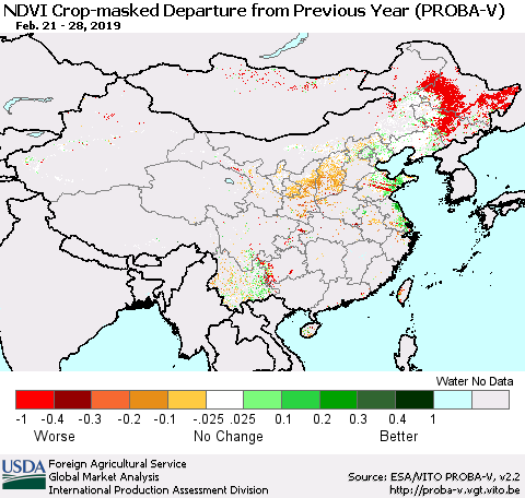China, Mongolia and Taiwan NDVI Crop-masked Departure from Previous Year (PROBA-V) Thematic Map For 2/21/2019 - 2/28/2019