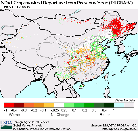 China, Mongolia and Taiwan NDVI Crop-masked Departure from Previous Year (PROBA-V) Thematic Map For 3/1/2019 - 3/10/2019