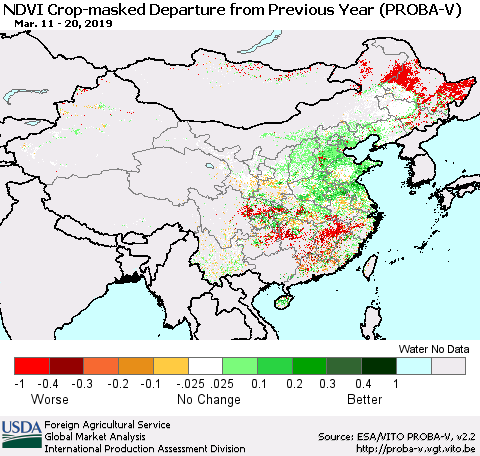 China, Mongolia and Taiwan NDVI Crop-masked Departure from Previous Year (PROBA-V) Thematic Map For 3/11/2019 - 3/20/2019