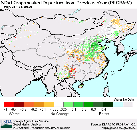 China, Mongolia and Taiwan NDVI Crop-masked Departure from Previous Year (PROBA-V) Thematic Map For 3/21/2019 - 3/31/2019