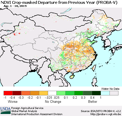 China, Mongolia and Taiwan NDVI Crop-masked Departure from Previous Year (PROBA-V) Thematic Map For 4/1/2019 - 4/10/2019