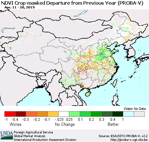 China, Mongolia and Taiwan NDVI Crop-masked Departure from Previous Year (PROBA-V) Thematic Map For 4/11/2019 - 4/20/2019