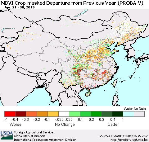 China, Mongolia and Taiwan NDVI Crop-masked Departure from Previous Year (PROBA-V) Thematic Map For 4/21/2019 - 4/30/2019