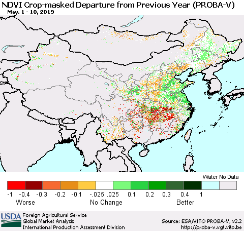 China, Mongolia and Taiwan NDVI Crop-masked Departure from Previous Year (PROBA-V) Thematic Map For 5/1/2019 - 5/10/2019