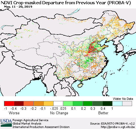 China, Mongolia and Taiwan NDVI Crop-masked Departure from Previous Year (PROBA-V) Thematic Map For 5/11/2019 - 5/20/2019