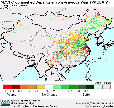 China, Mongolia and Taiwan NDVI Crop-masked Departure from Previous Year (PROBA-V) Thematic Map For 5/21/2019 - 5/31/2019