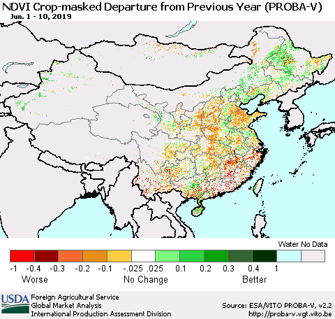 China, Mongolia and Taiwan NDVI Crop-masked Departure from Previous Year (PROBA-V) Thematic Map For 6/1/2019 - 6/10/2019