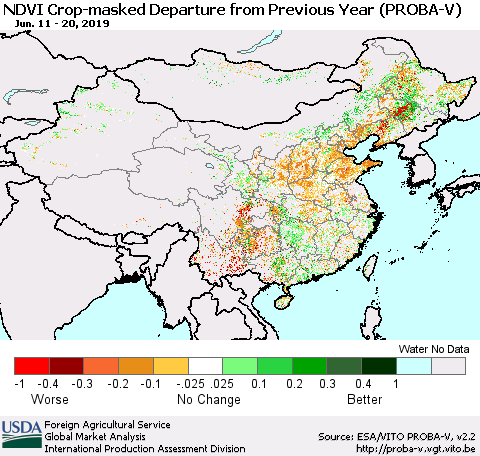 China, Mongolia and Taiwan NDVI Crop-masked Departure from Previous Year (PROBA-V) Thematic Map For 6/11/2019 - 6/20/2019