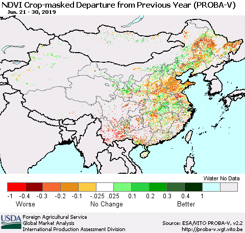 China, Mongolia and Taiwan NDVI Crop-masked Departure from Previous Year (PROBA-V) Thematic Map For 6/21/2019 - 6/30/2019