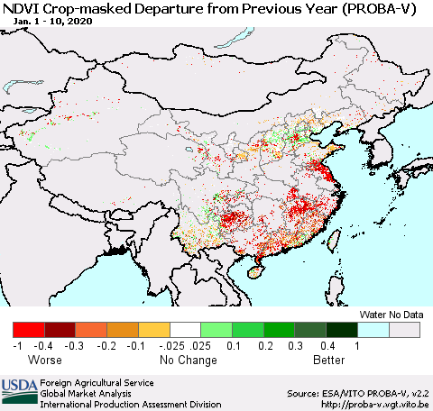 China, Mongolia and Taiwan NDVI Crop-masked Departure from Previous Year (PROBA-V) Thematic Map For 1/1/2020 - 1/10/2020