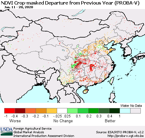 China, Mongolia and Taiwan NDVI Crop-masked Departure from Previous Year (PROBA-V) Thematic Map For 1/11/2020 - 1/20/2020