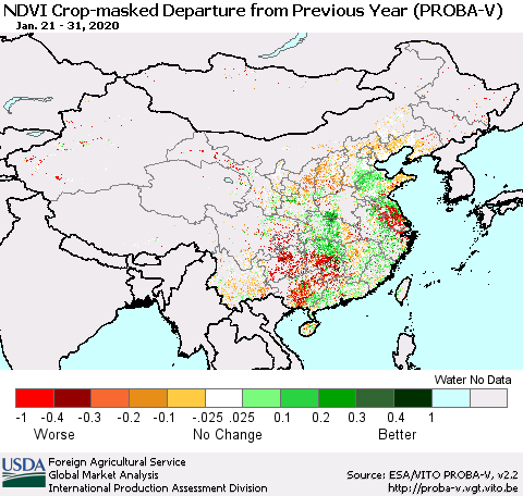 China, Mongolia and Taiwan NDVI Crop-masked Departure from Previous Year (PROBA-V) Thematic Map For 1/21/2020 - 1/31/2020