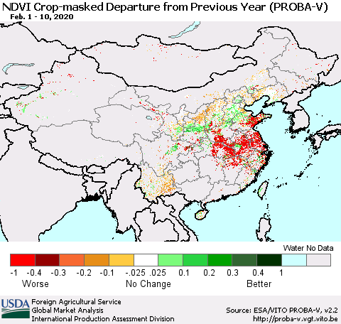 China, Mongolia and Taiwan NDVI Crop-masked Departure from Previous Year (PROBA-V) Thematic Map For 2/1/2020 - 2/10/2020