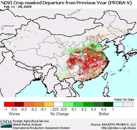 China, Mongolia and Taiwan NDVI Crop-masked Departure from Previous Year (PROBA-V) Thematic Map For 2/11/2020 - 2/20/2020