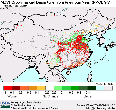 China, Mongolia and Taiwan NDVI Crop-masked Departure from Previous Year (PROBA-V) Thematic Map For 2/21/2020 - 2/29/2020