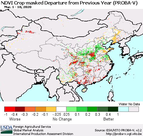 China, Mongolia and Taiwan NDVI Crop-masked Departure from Previous Year (PROBA-V) Thematic Map For 3/1/2020 - 3/10/2020