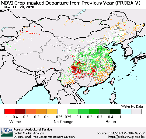 China, Mongolia and Taiwan NDVI Crop-masked Departure from Previous Year (PROBA-V) Thematic Map For 3/11/2020 - 3/20/2020