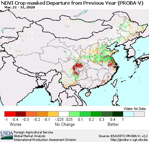 China, Mongolia and Taiwan NDVI Crop-masked Departure from Previous Year (PROBA-V) Thematic Map For 3/21/2020 - 3/31/2020