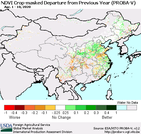 China, Mongolia and Taiwan NDVI Crop-masked Departure from Previous Year (PROBA-V) Thematic Map For 4/1/2020 - 4/10/2020
