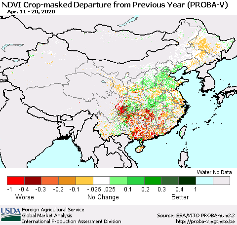 China, Mongolia and Taiwan NDVI Crop-masked Departure from Previous Year (PROBA-V) Thematic Map For 4/11/2020 - 4/20/2020