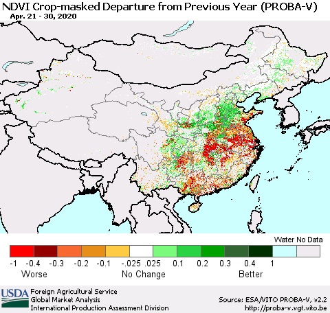 China, Mongolia and Taiwan NDVI Crop-masked Departure from Previous Year (PROBA-V) Thematic Map For 4/21/2020 - 4/30/2020