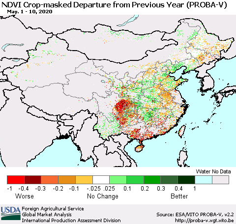 China, Mongolia and Taiwan NDVI Crop-masked Departure from Previous Year (PROBA-V) Thematic Map For 5/1/2020 - 5/10/2020
