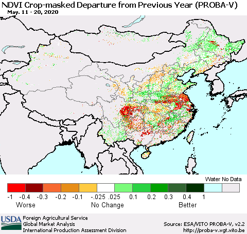China, Mongolia and Taiwan NDVI Crop-masked Departure from Previous Year (PROBA-V) Thematic Map For 5/11/2020 - 5/20/2020