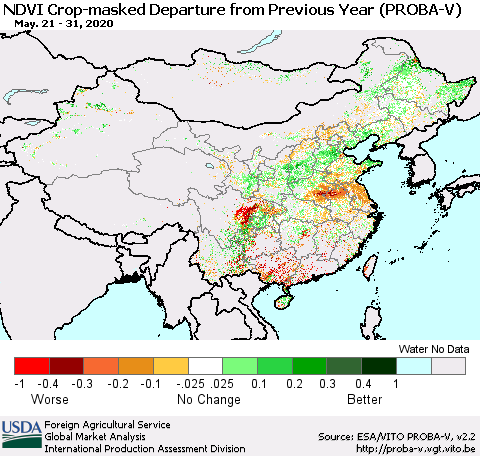 China, Mongolia and Taiwan NDVI Crop-masked Departure from Previous Year (PROBA-V) Thematic Map For 5/21/2020 - 5/31/2020